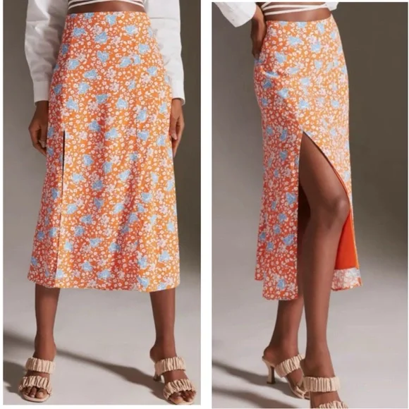 Anthropologie Maeve The Lille Side Slit Midi Skirt Size 6 Lined Orange Viscose - Picture 16 of 16